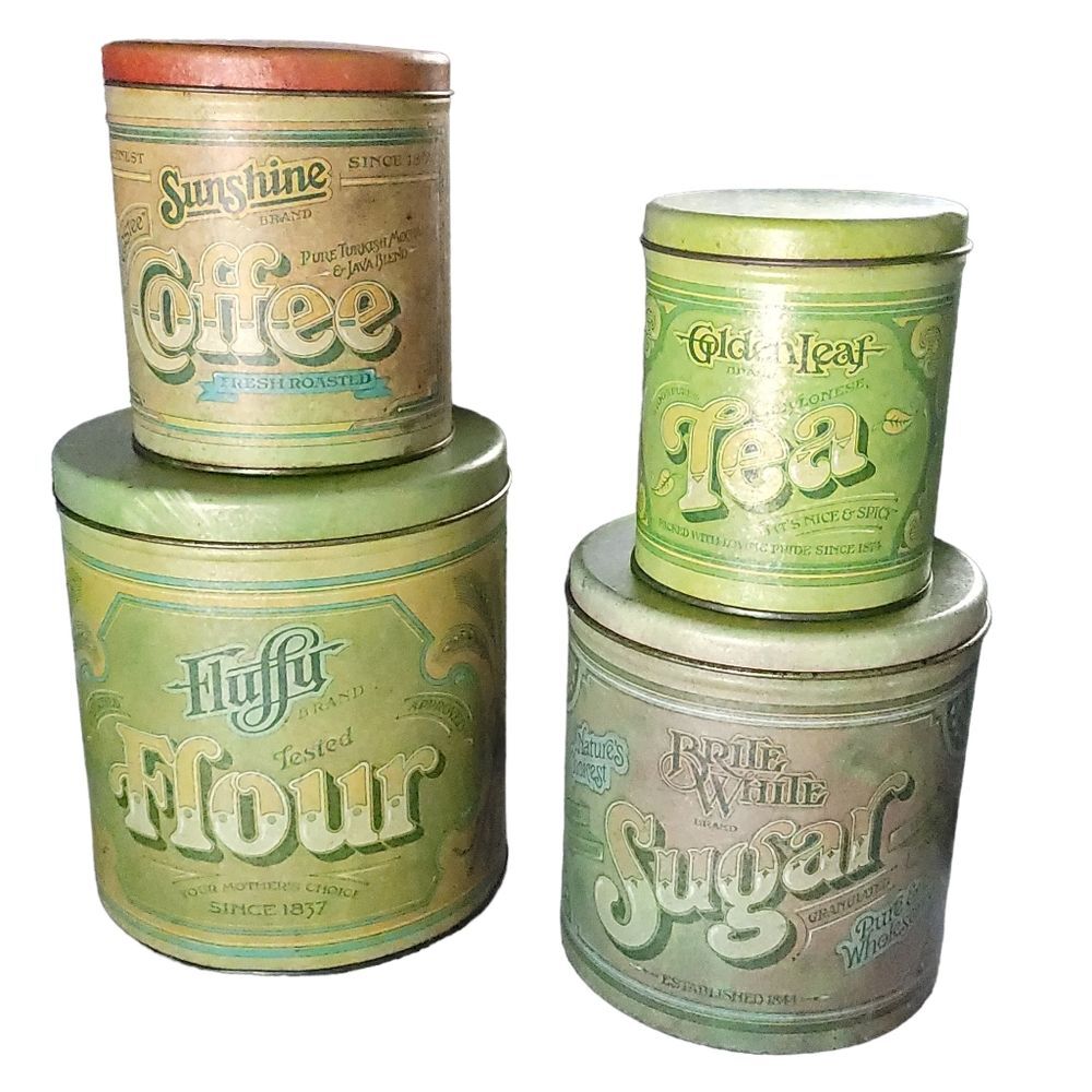 Vintage Ballanoff Fluffy Green Tin Storage Containers, Flour Sugar Coffee Tea
